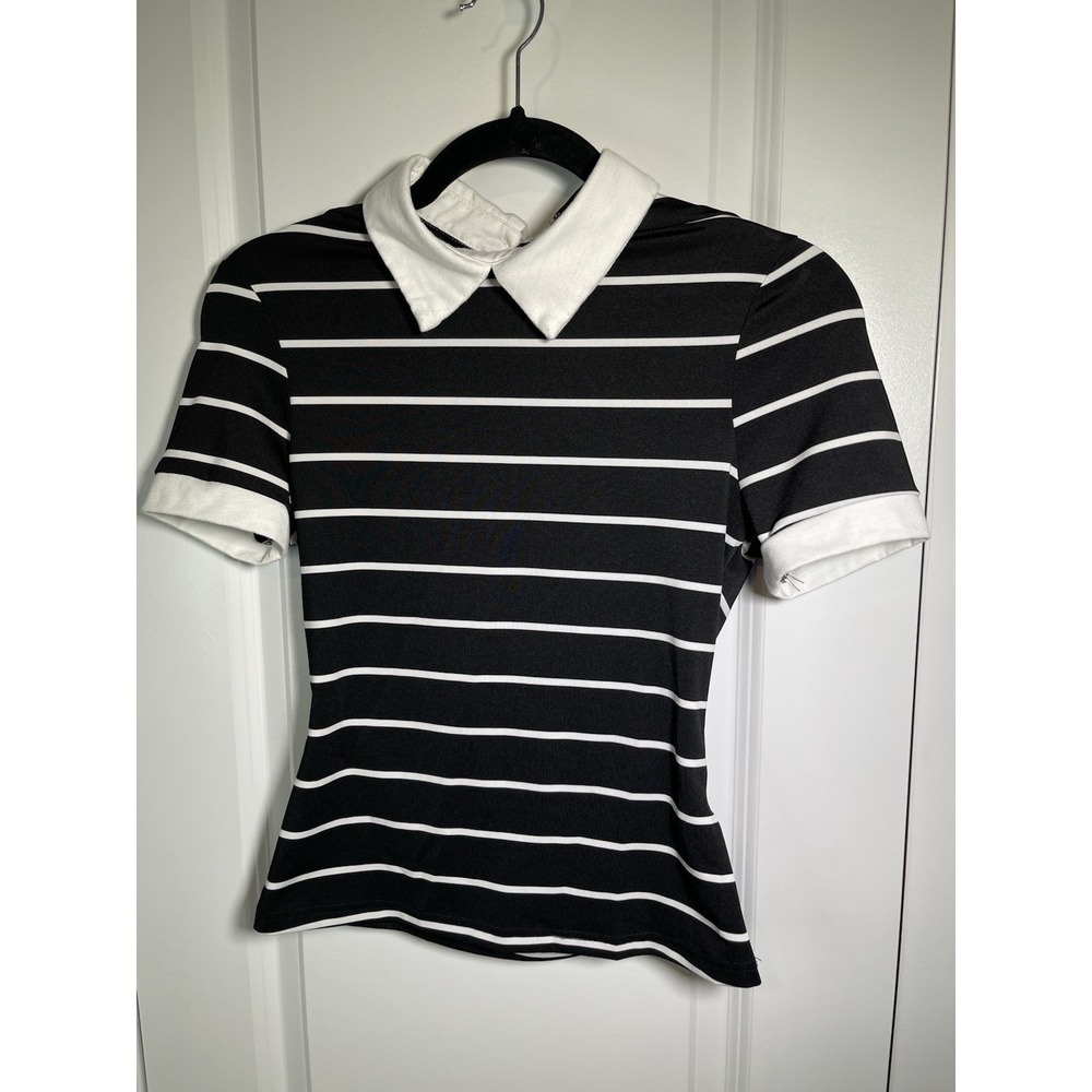 SHEIN Women's Black And White Striped Shirt, White Collar & Cuffs Sz Small EU 36